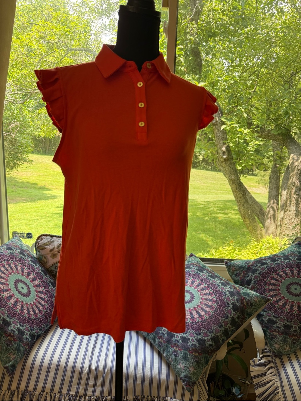 Women's Ruffled Sleeve Polo Top - red size S jones New York